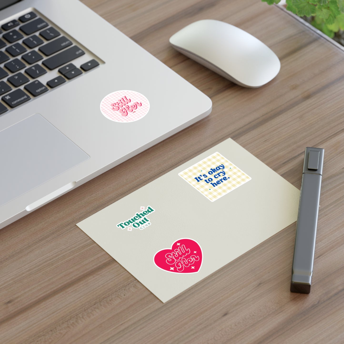 Sticker Sheets with Still Her Co Logos and Touched out Club Design