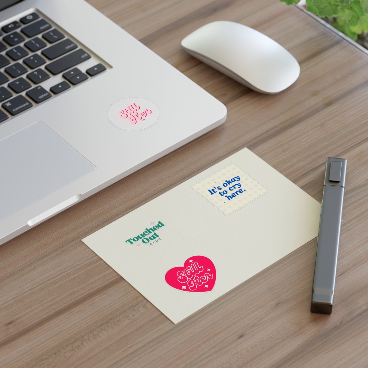 Sticker Sheets with Still Her Co Logos and Touched out Club Design
