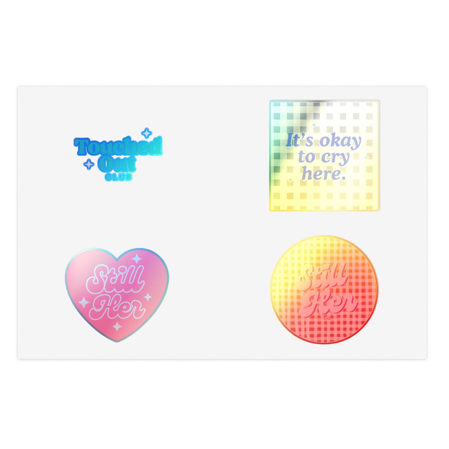 Sticker Sheets with Still Her Co Logos and Touched out Club Design