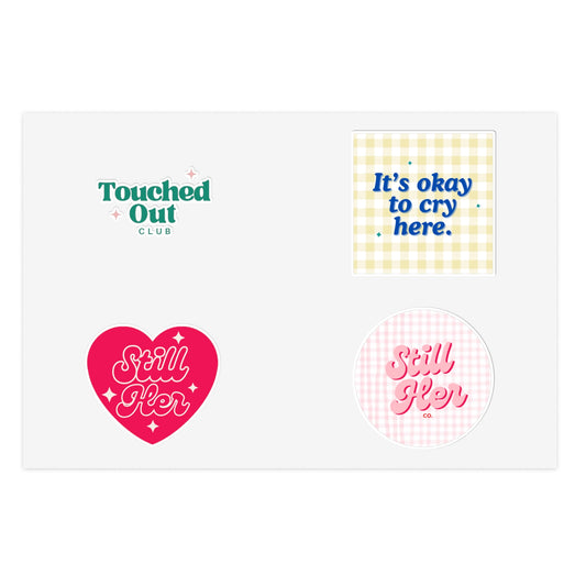 Sticker Sheets with Still Her Co Logos and Touched out Club Design