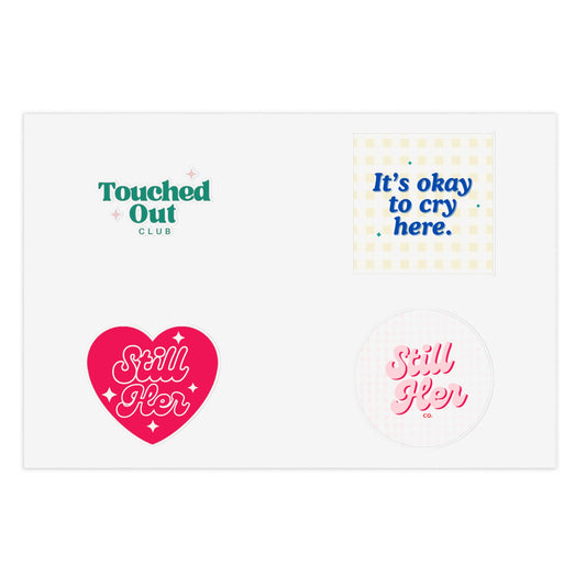 Sticker Sheets with Still Her Co Logos and Touched out Club Design